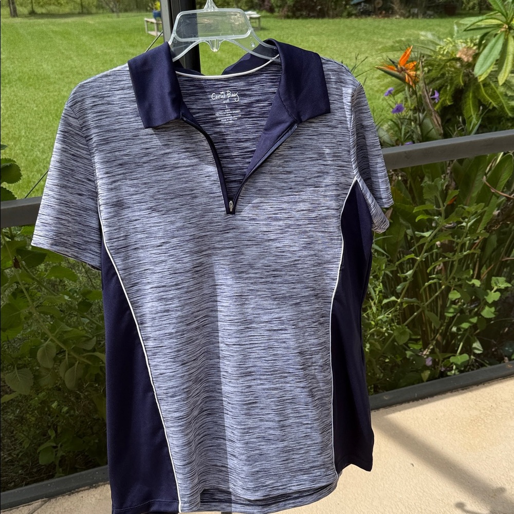 Coral Bay Golf large spandex navy short sleeve Shirt 1/4 Zip Up to Neck nwot